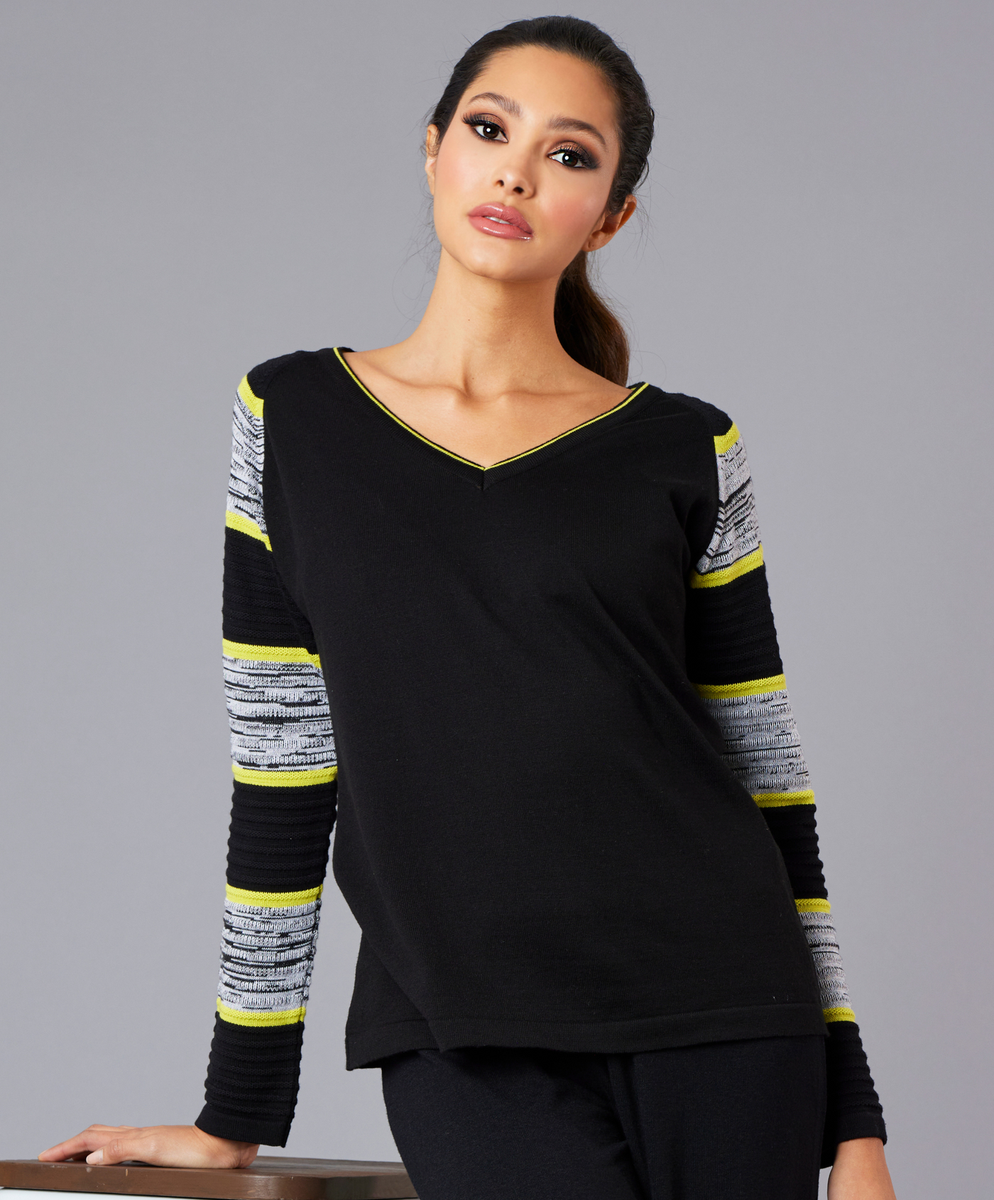 Two Tone Sleeve V-Neck Top