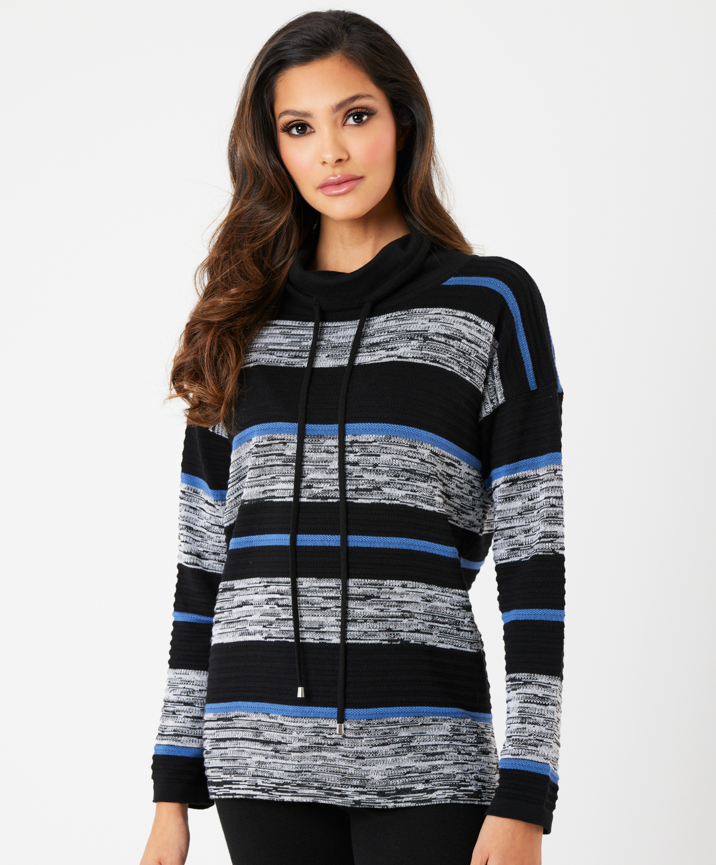 Stripe Drawstring Cowl Neck Top