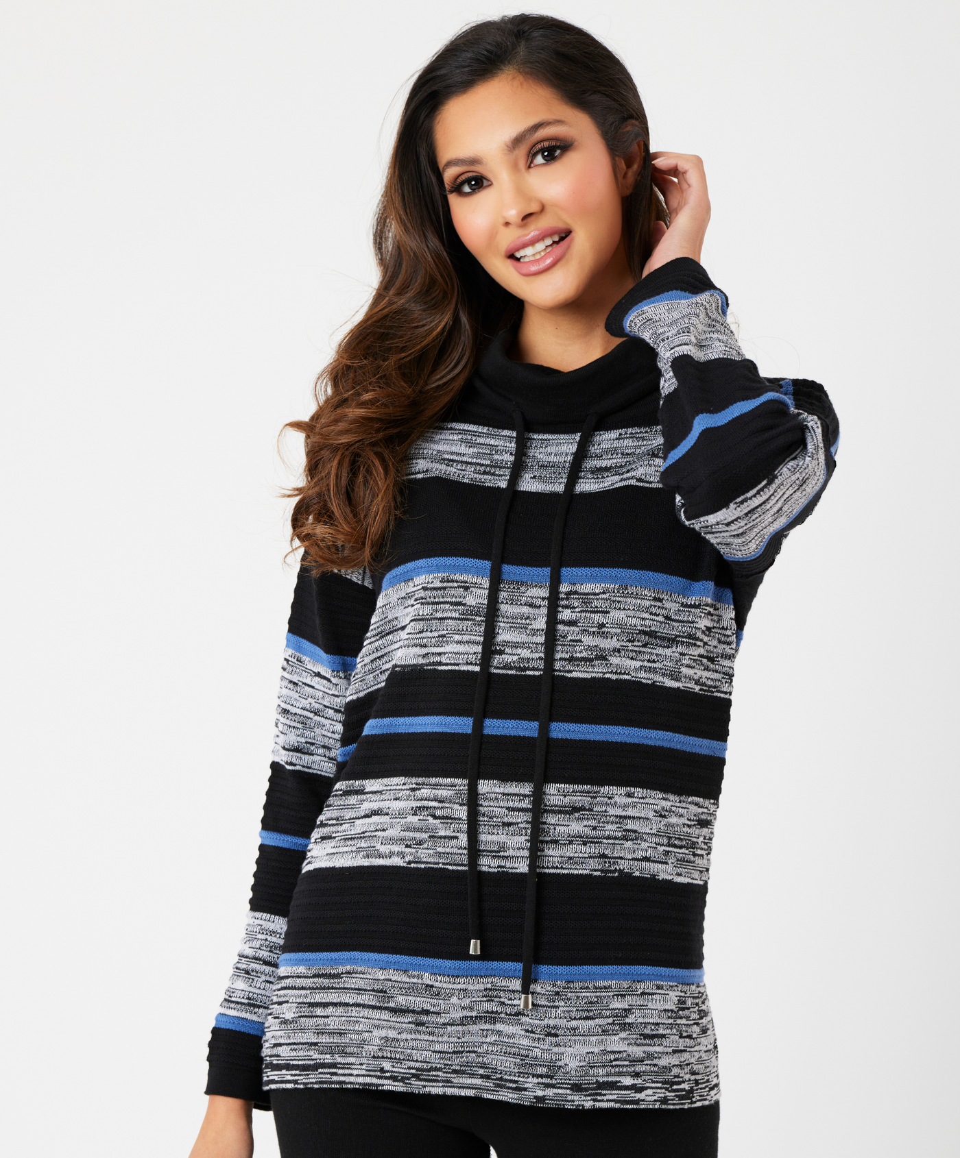 Stripe Drawstring Cowl Neck Top