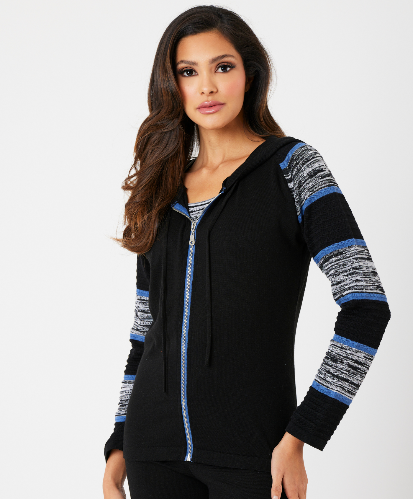 Stripe Sleeve Zip Up Hoodie