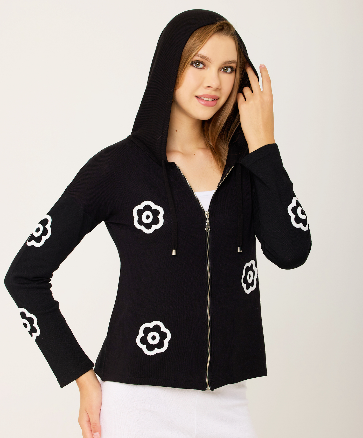 Flower Detail Zip-Up Hoodie – French Kyss