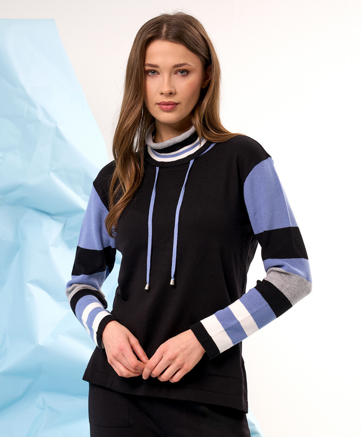 Color Block Drawstring Cowl Neck