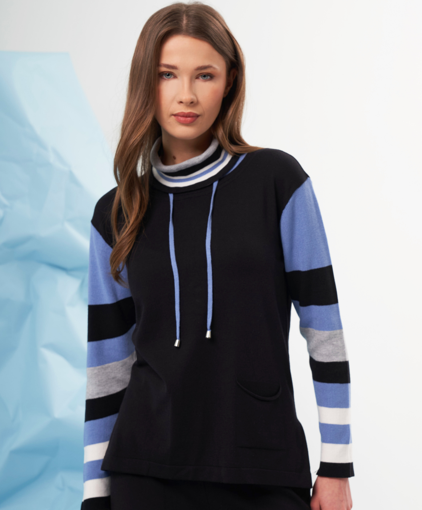 Color Block Drawstring Cowl Neck