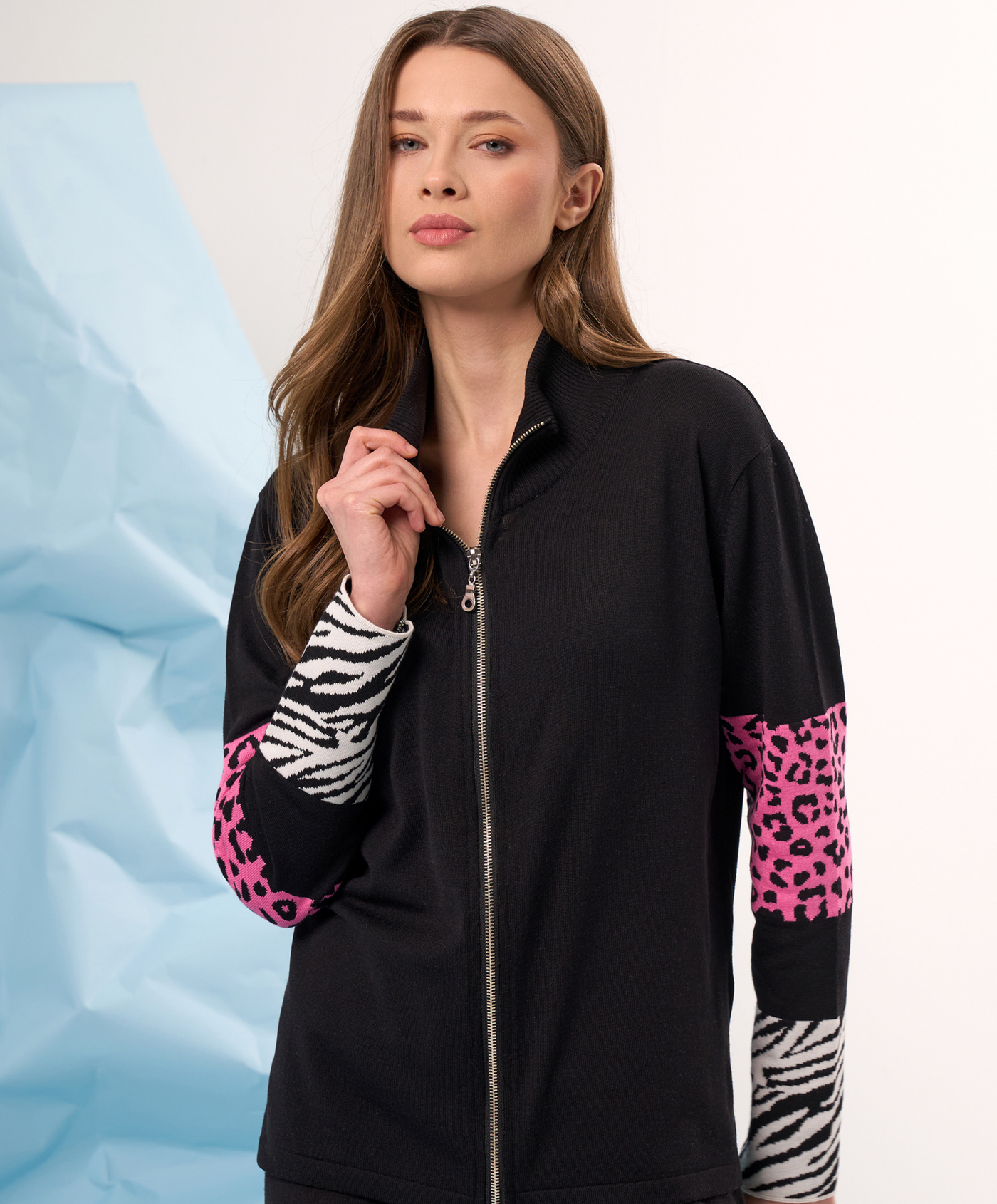 Animal Print Sleeve Zip Up Jacket