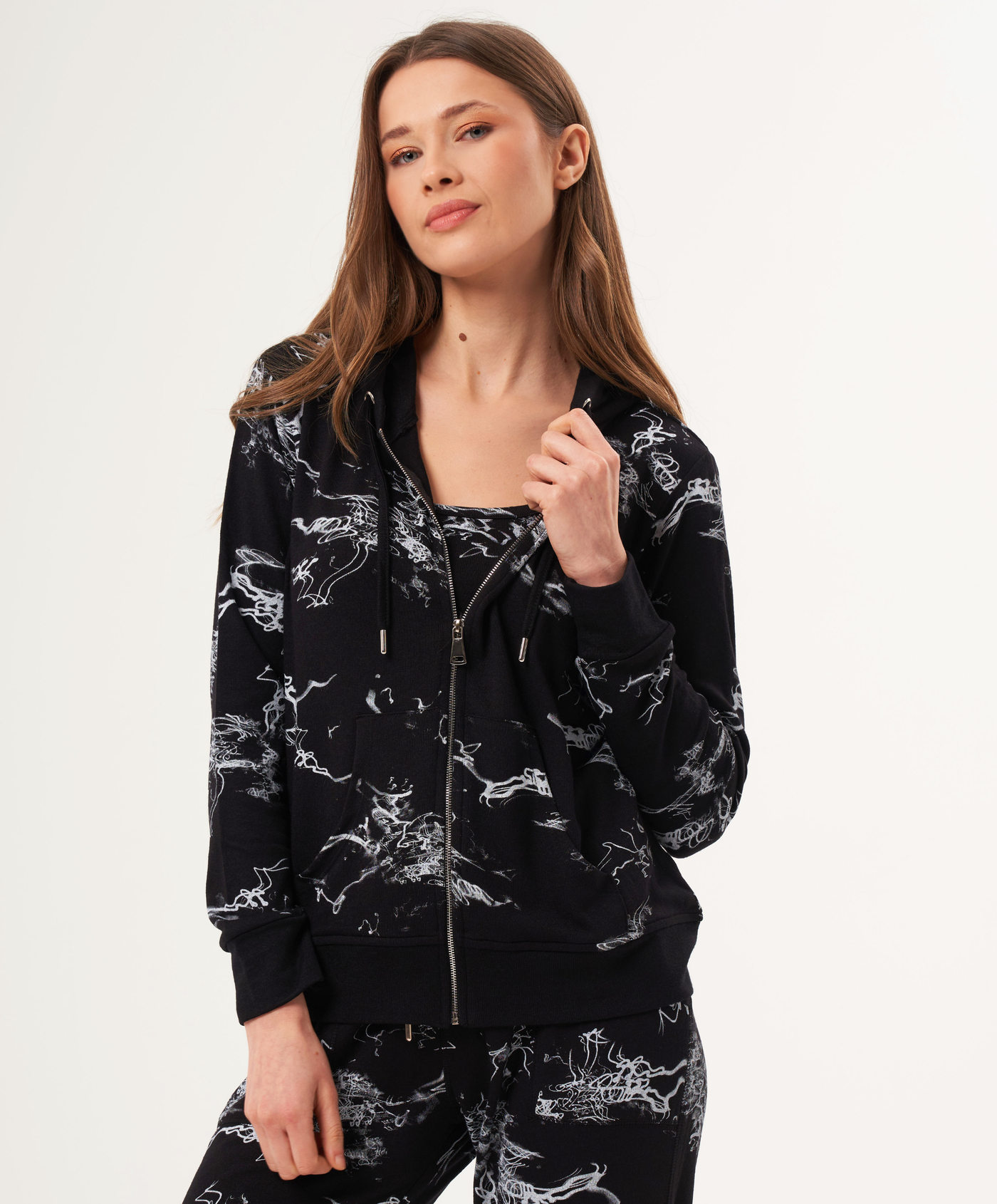 Abstract Print Zip Up Hoodie