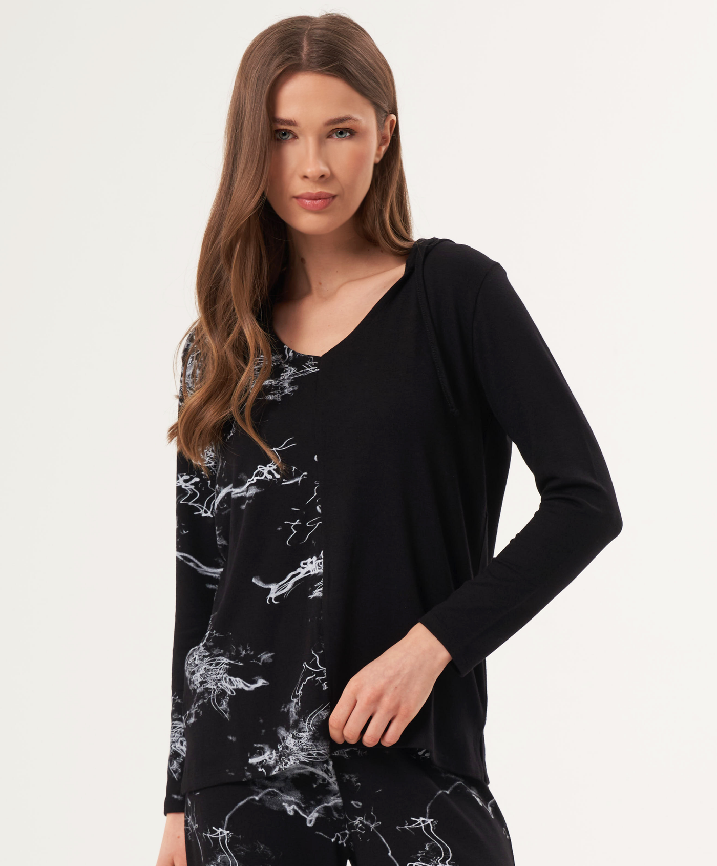 Abstract Print Two Tone V-Neck Hoodie