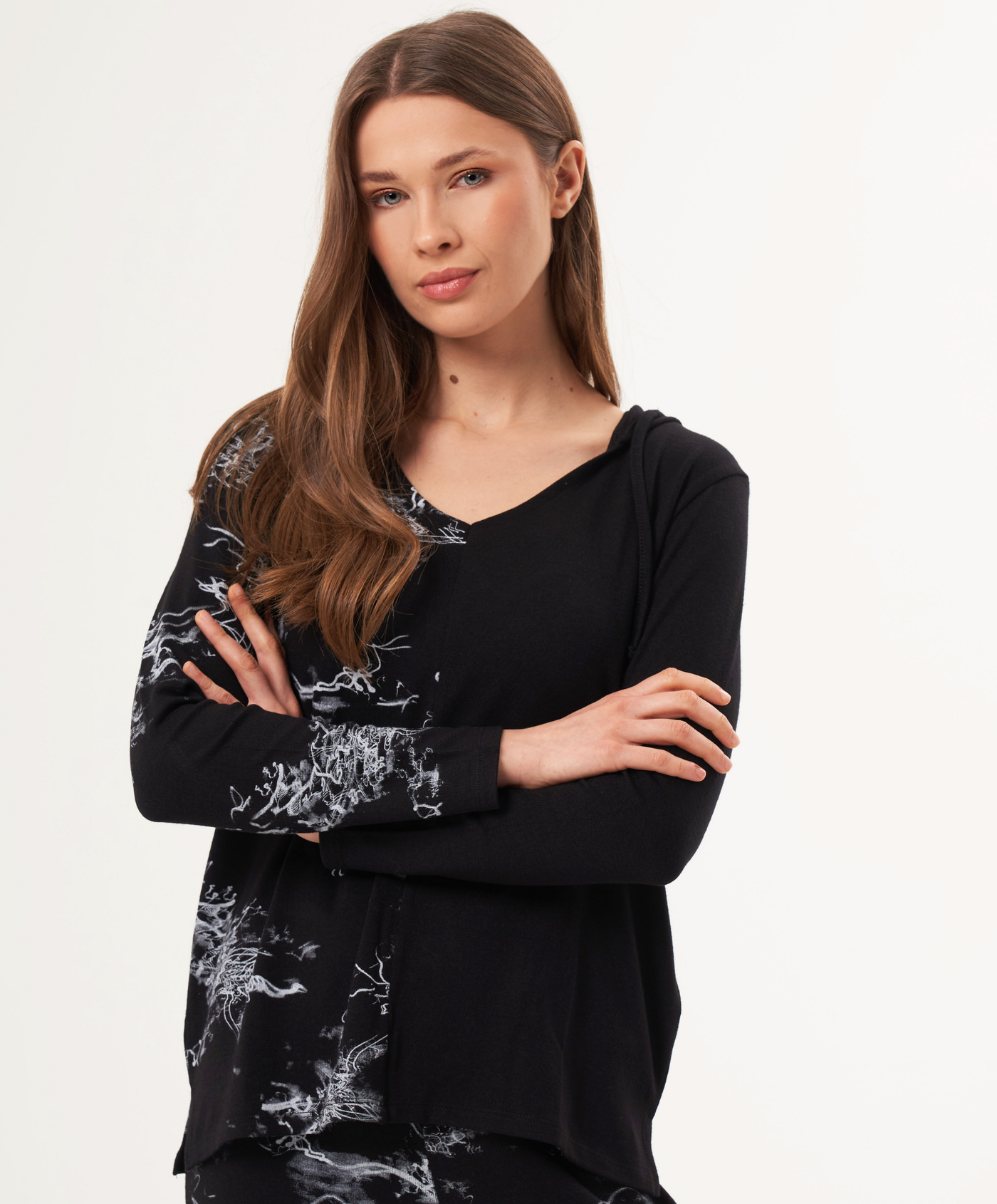 Abstract Print Two Tone V-Neck Hoodie