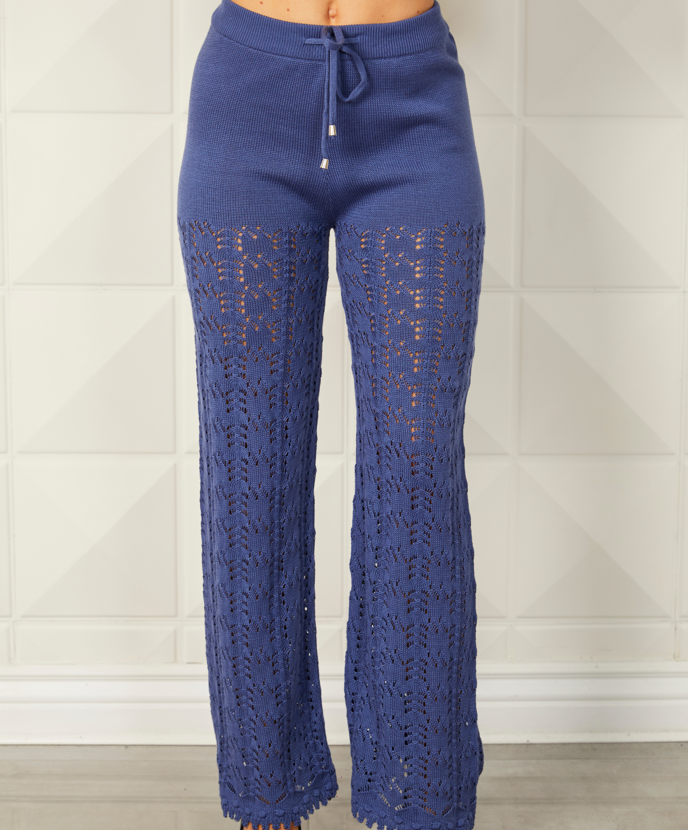 Bohemian Chic Sky Blue High Waisted Crochet Knit Drawstring Sheer Flare  Pants – Indie XO